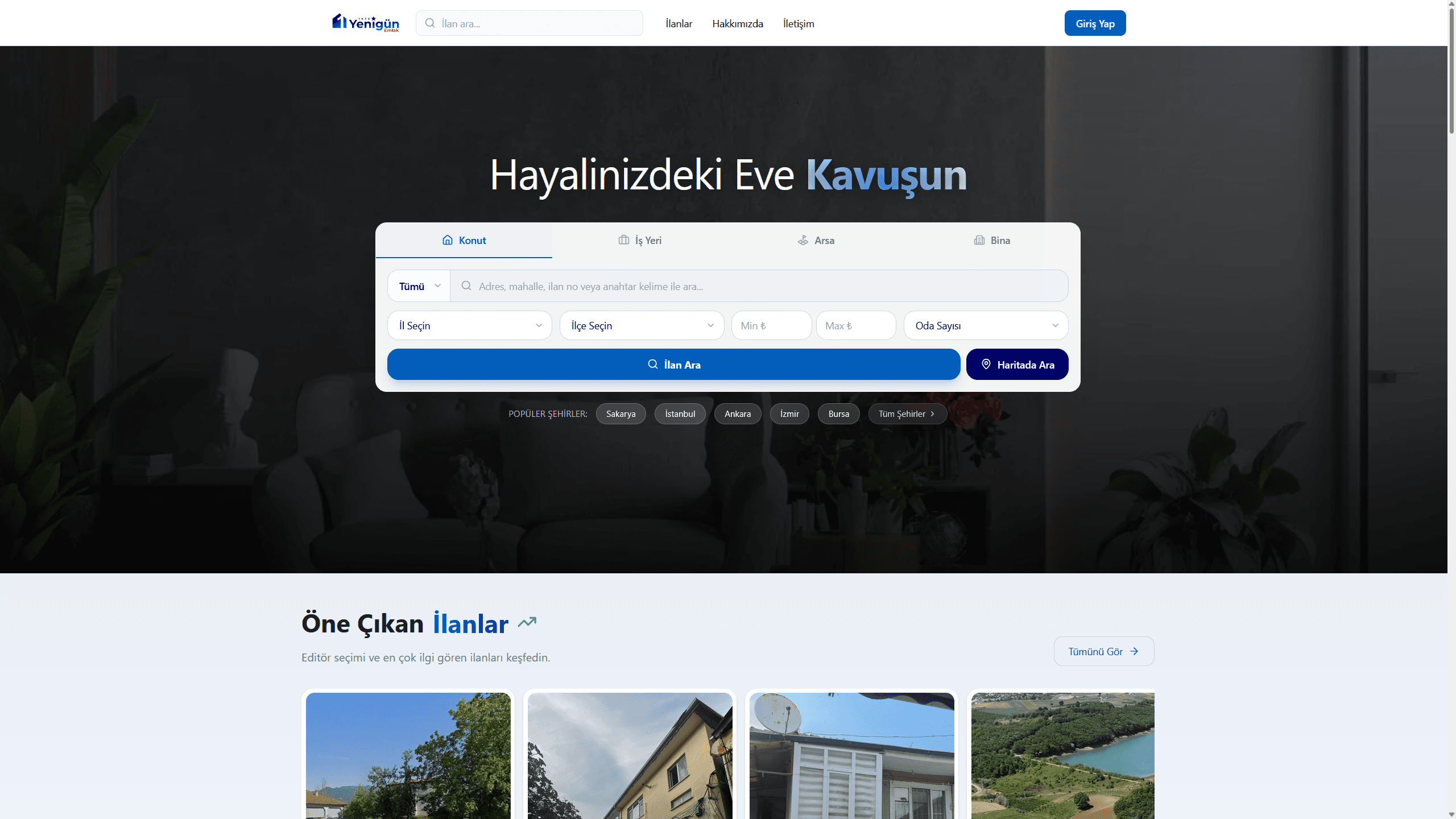 Yenigün Emlak property listings with map search